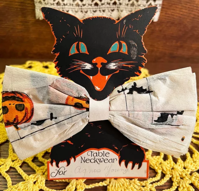 RARE Antique Vintage Halloween Neckware Placecard Black Cat Napkin, Gibson 1930s