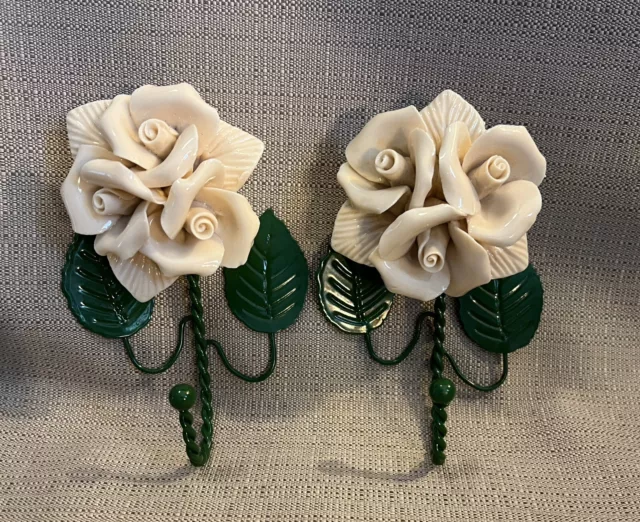Pair of Ivory Rose Wall Mount Hanging Hat Key Hooks Shabby Chic Whimsical Decor