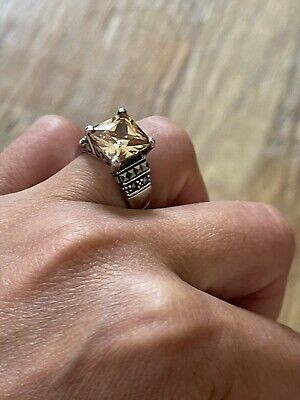 Vintage Citrine Solitaire Marcasite Cocktail Ring 925 Sterling Silver s 7.5 Deco