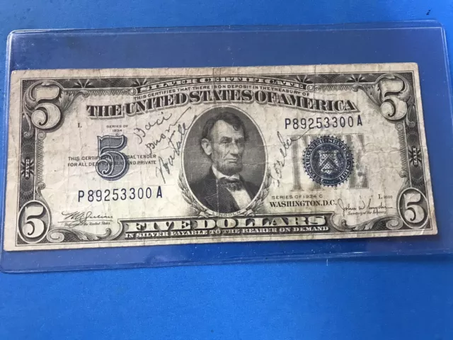 1934 C Blue Seal $5 Five Dollar Silver Certificate (Writing) .. Loc. #21b