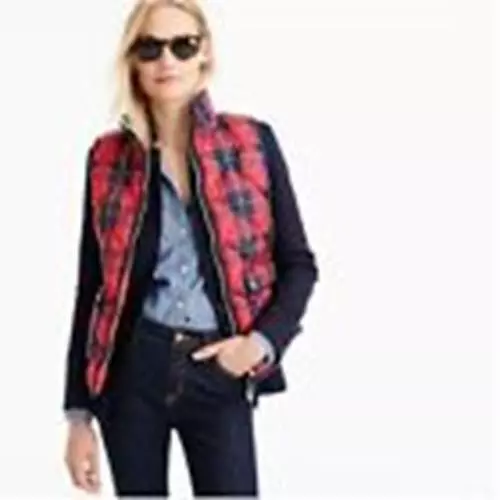 J. Crew Excursion Buffalo Check Plaid Quilted Down Puff Vest SMALL E6624 red blu