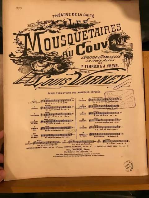 Varney Mousquetaires au couvent n°7 romance partition soprano piano Choudens