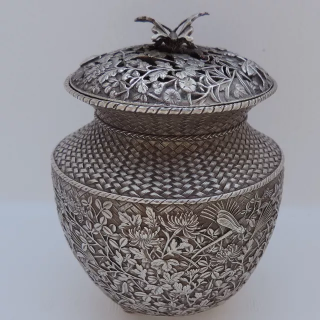 SOLID SILVER 900 ANTIQUE JAPANESE INSENCE BURNER CENSER BOX AMAZING DETAILS 623g