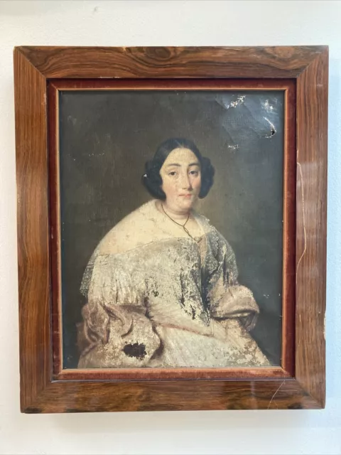 Tableau Ancien Peinture Huile / Toile Portrait Femme Élégante XVIII À Restaurer