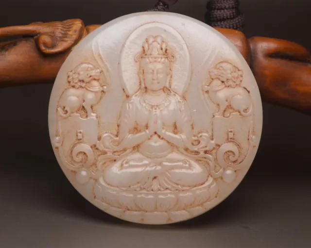 Top Chinese Natural Hetian Jade Carved Lion Guanyin Statue Figurines Pendant Art