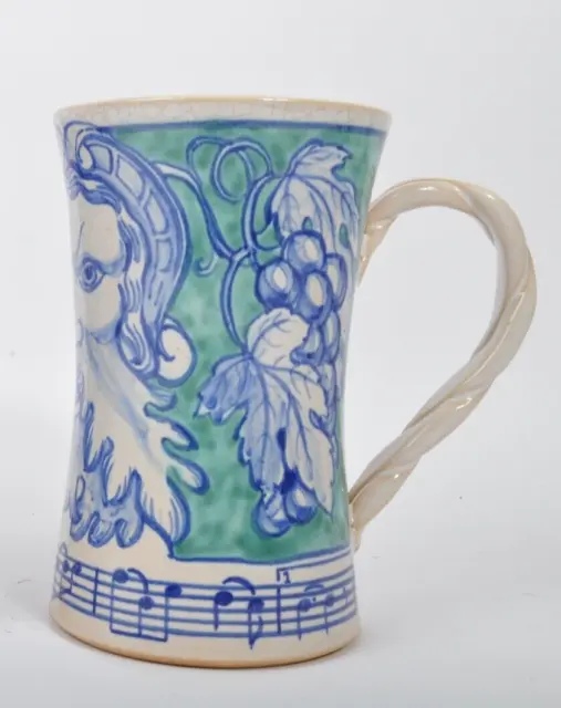 Vintage Donald Mills Porcelain Hand Painted Blue & White Bacchus Tankard Mug