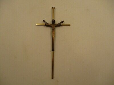 Vintage 10" Brass Metal Crucifix Cross Jesus Wall Hanger Art Deco Style