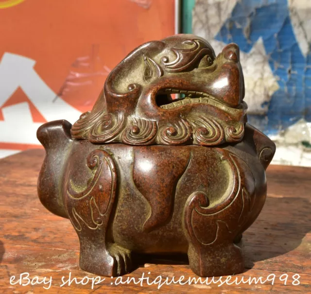 6" Marked Old Chinese Bronze Dynasty Lion Beast Zun incense burner Censer