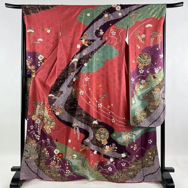 Woman Japanese Kimono Furisode Silk Temari Flower Gold Thread Embroidery Red