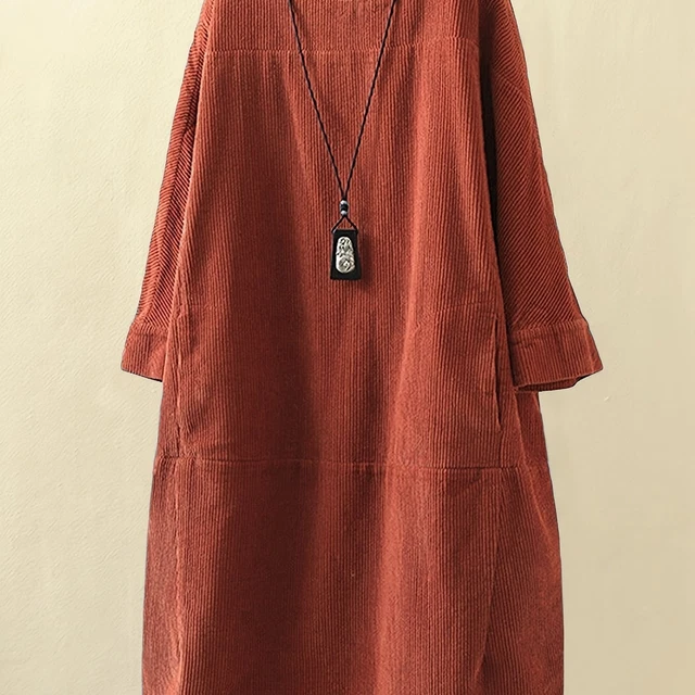 Plus Size Rib Knit Solid Long Sleeve Round Neck Pocket Dress, Women's Plus