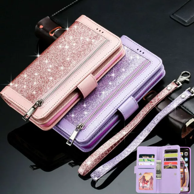 Glitter Bling Leather Zipper Wallet Case Cover For iPhone 14 13 Pro Max 12/Xs/X