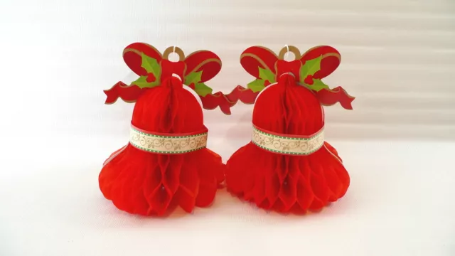 2+ RED BELLS Honeycomb Tissue Paper Christmas Decorations 5" New