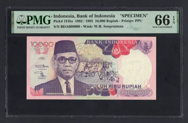 Indonesia 10000 Rupiah 1992 P131bs "Specimen" Uncirculated Grade 66 Top Pop