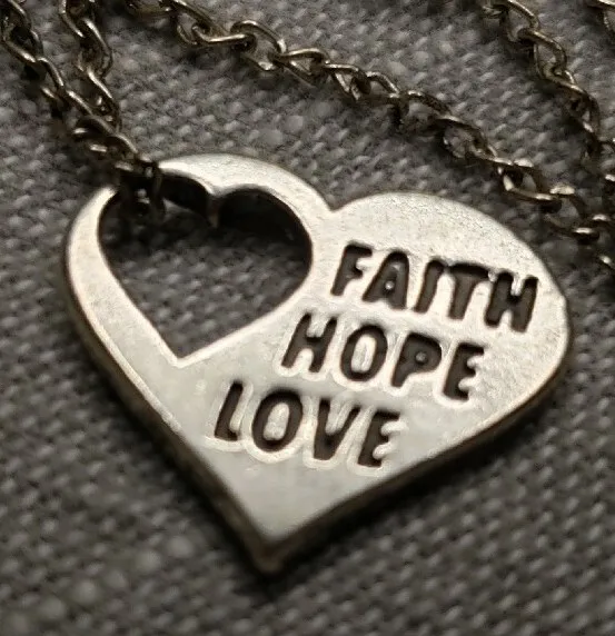 Vintage Necklace Faith Hope Love Heart Sterling Silver Pendant Christian H21