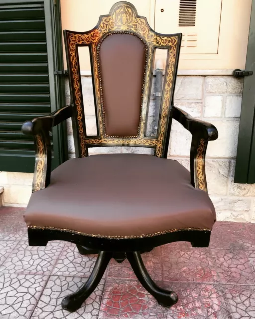 Antigua Sillón Giratorio Boulle De Estudio en Madera Incrustación E Cuero Rara