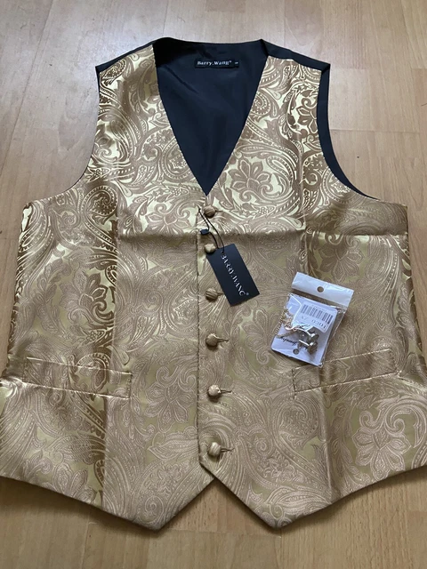 Gemelli gilet floreali gilet da uomo oro paisley spilla cravatta - taglia S - Natale