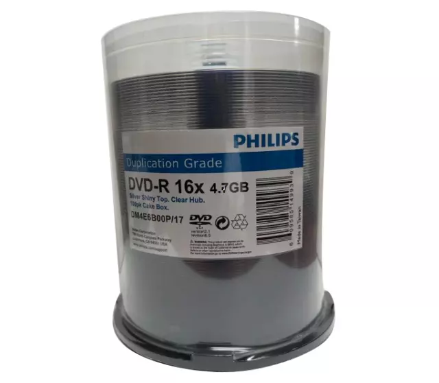 PHILIPS 100 Blank  DVD-R DVDR 16X Silver Shiny Top 4.7GB Media Disc Spindle CB