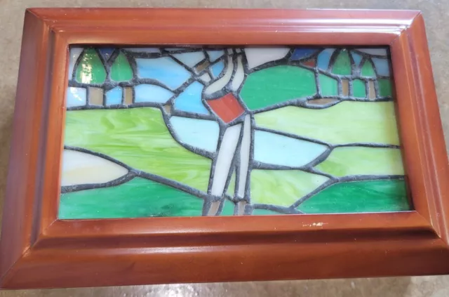Vintage Stained Glass & Wood Golf Themed Trinket Box 9"x 6"