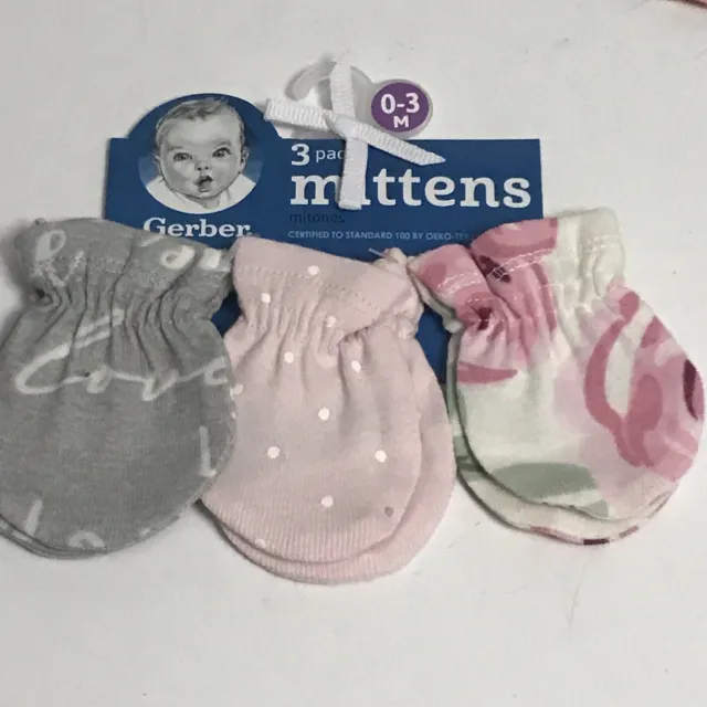 Gerber Newborn Baby Girl 3 Pack Mittens Size 0-3 Months Safety No-Scratch New
