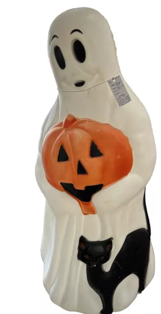 Vintage Blow Mold 34” Empire Halloween Ghost With Pumpkin & Cat