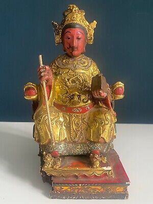 Antique Chinese Carved Wood Polychrome & Gilt Temple House God Figure Statue.