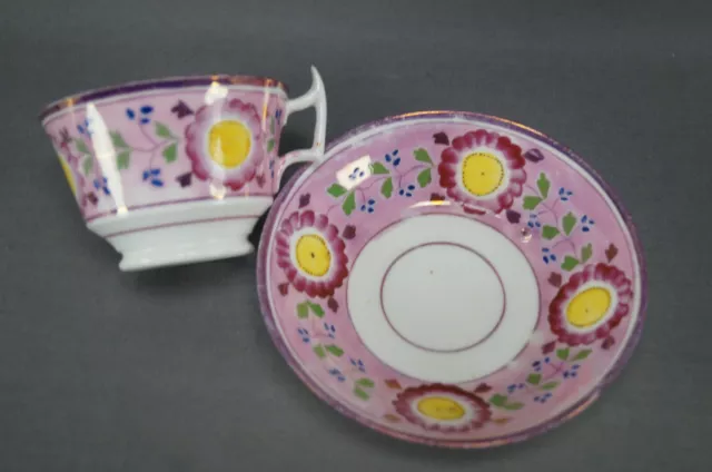 British Hand Painted Pink Luster Yellow Blue Floral Tea Cup & Saucer C1830-1840s 2