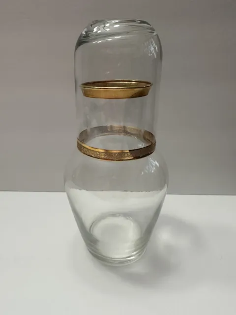 Vintage Bedside Tumble Up Water Carafe And Glass Set Libbey Double Gold Rim