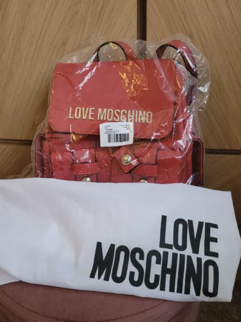 New Love Moschino Red Leather Backpack, Adjustable Straps With Dust Bag