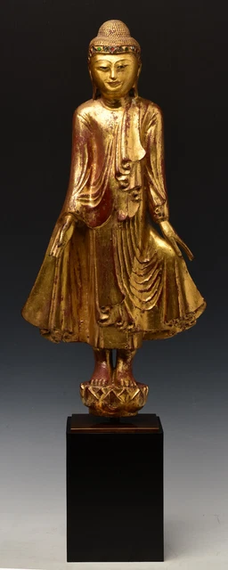 19th Century, Mandalay, Antique Burmese Wooden Standing Buddha