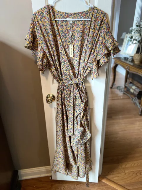 Max Studio Gold Flowery Wrap Ruffled Dress Size XL NWT