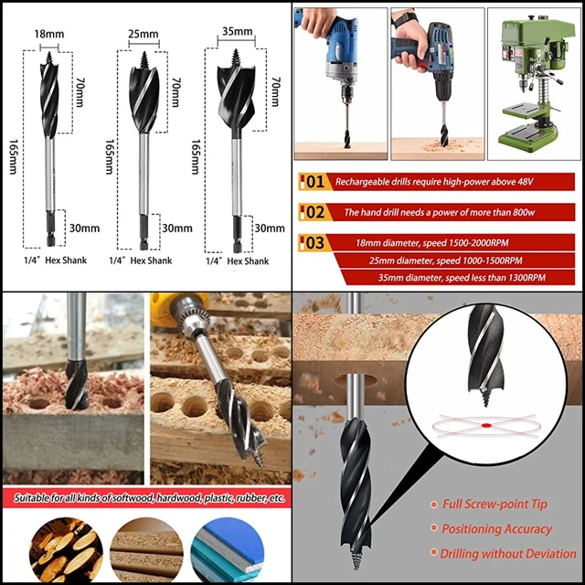 Saipe3pcs1/4” Hex Bits18/25/35mmHigh-Carbon Steel Wood Drill Bit Set Woodworking