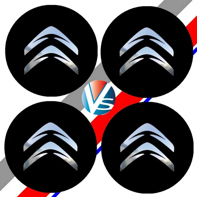 4 Adhésifs Stickers CITROEN  Noir Chrome, Centre de Jantes 52 mm