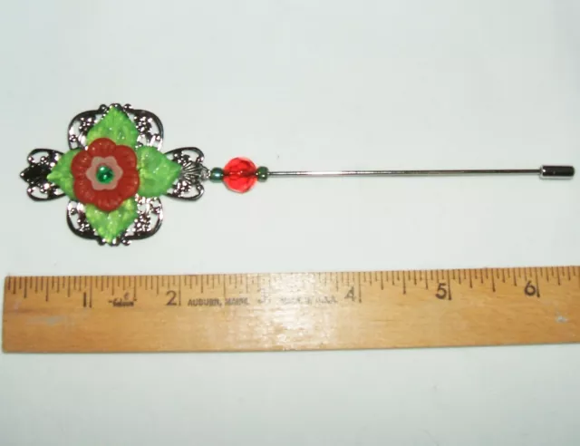 RED and GREEN FLOWER Long Stick Pin Hatpin Silver Pltd Vintage Garden Style 3