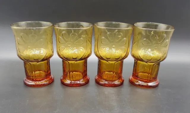 Set of 4 Vintage Libbey Country Garden Amber Glasses Tumblers 5" Daisy Floral