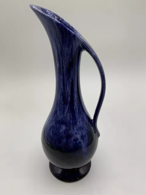 USA Art Pottery Ewer Bud Vase Blue Drip Glaze Iridescent 8 1/2” Mid Century