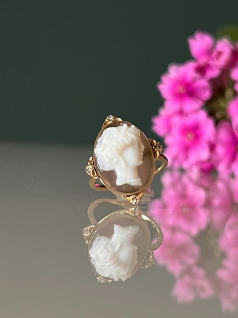 Bague Ancienne En Or 18 Carats Avec Agate - Taille 56,5, Style Camée, Occasion