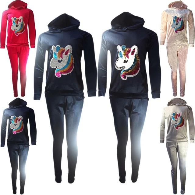 Girls Unicorn Tracksuit Emoji Velvet Hooded Sequin Top Pants Loungewear Co-Ord