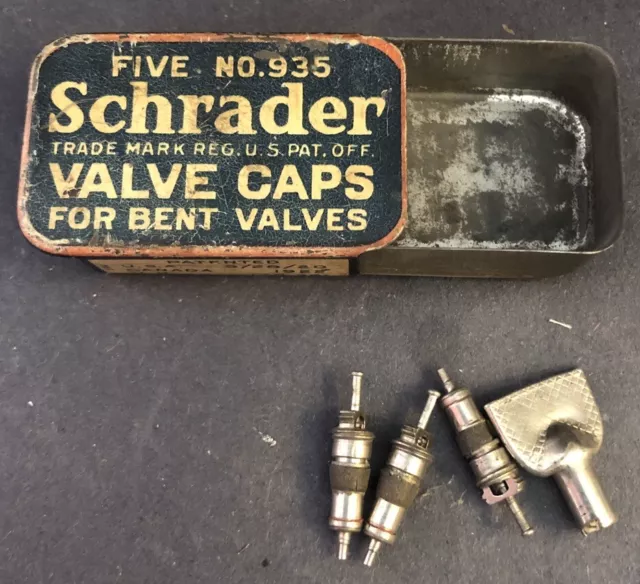 Schrader Tire Valve Caps Tin W Cap Parts Vintage Auto Advertising Pat 1920