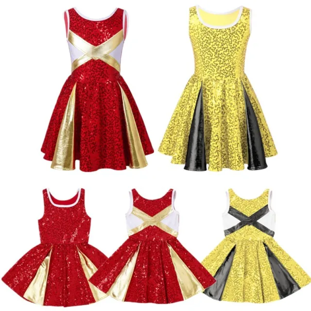 Kids Girls Cheerleading Dance Dress Shiny Sequins Decorated Dancewear Costume