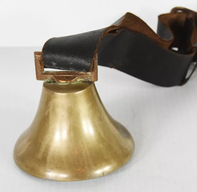 3" Vintage Solid Brass Large Dog Bell Old Leather Handle Loud Sound