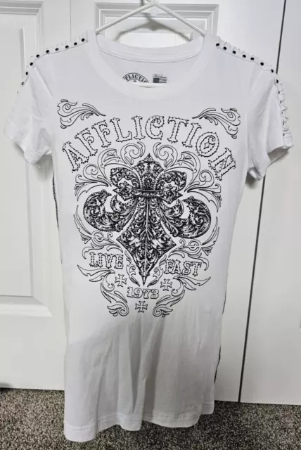 AFFLICTION WOMEN'S SHORT SLEEVE CREW NECK T-SHIRT White Size Medium WORN ONCE