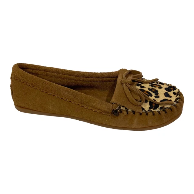 Minnetonka Leopard Kiltie Moccasin Womens Size 7 Animal Print Leather Calf Hair