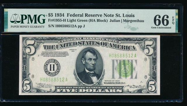 AC 1934 $5 Saint Louis FRN PMG 66 EPQ LGS Light Green Seal Fr 1955-H gem TOP POP