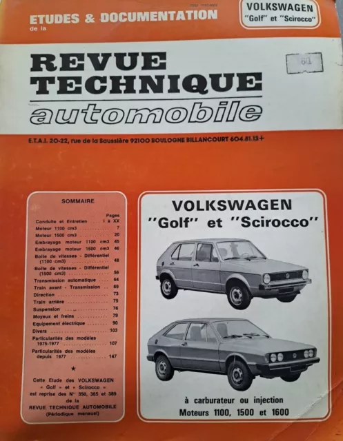 Revue technique RTA VOLKSWAGEN GOLF 1 SCIROCCO 1  1100 1500 1600 CIP 3503