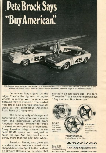 1971 Print Ad of American Racing Mags w BRE-Datsun Pete Brock John Morton McComb