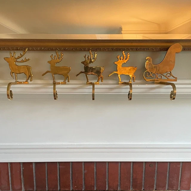 Vintage Brass Sleigh & Reindeer Stocking Holder Long Arm, set of 5 Vintage Brass Sleigh & Reindeer Stocking Holder Long Arm, set of 5