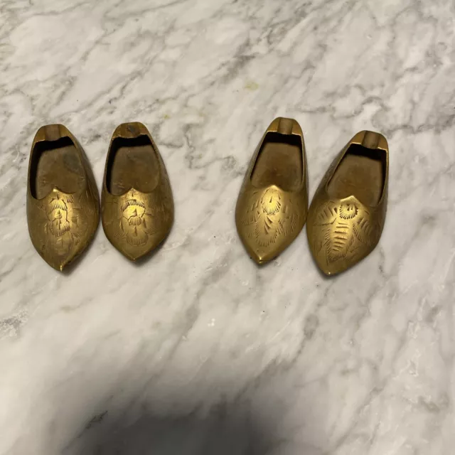 Two Pairs Brass Slippers Personal Ash Trays Vintage Made In India