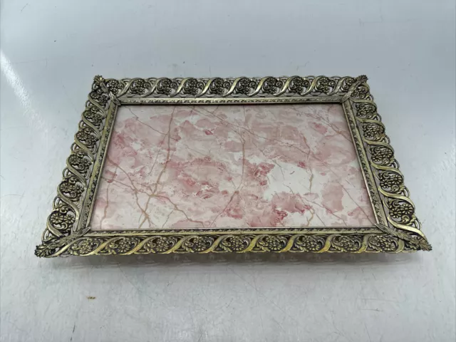 Vintage  Dresser Tray Vanity Mirror Perfume Tray Gold Filigree 9.5x15”