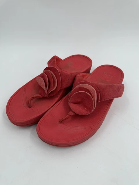FitFlop Women's Florrie Red/Pink Suede Flower Thong Sandals Sz 9 Slip On A8