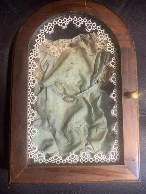 Wooden Frame Shadowbox Containing a Very Delicate 1800s Doll Dress made of Silk